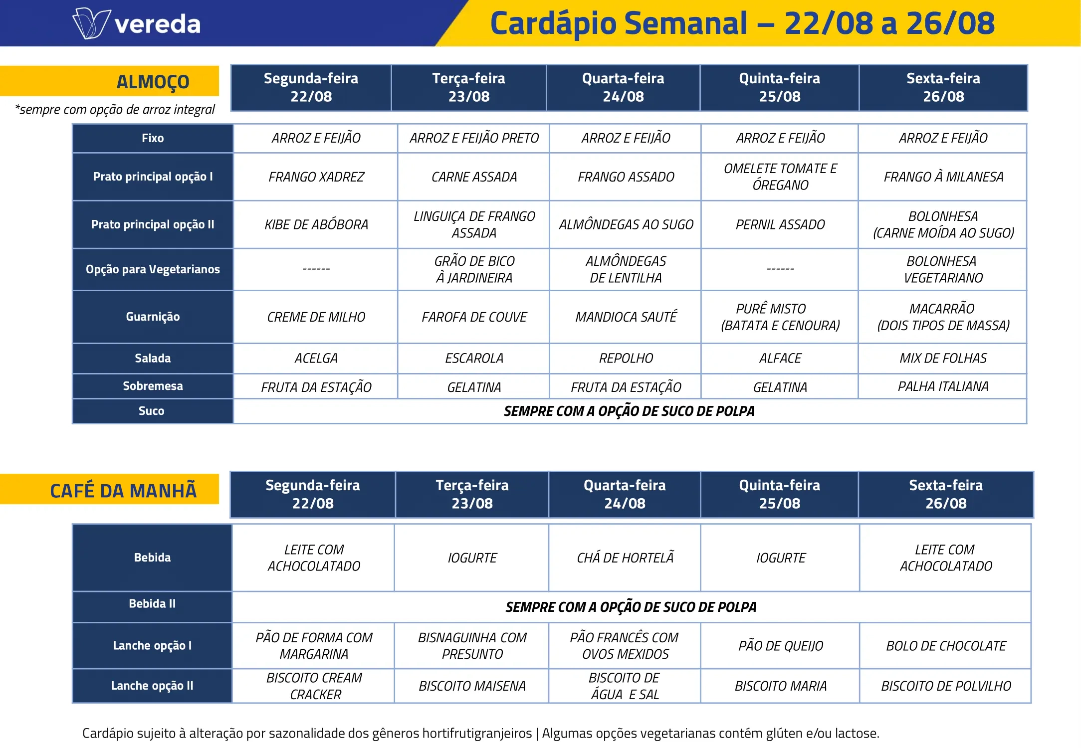 Exemplo de cardápio semanal da escola